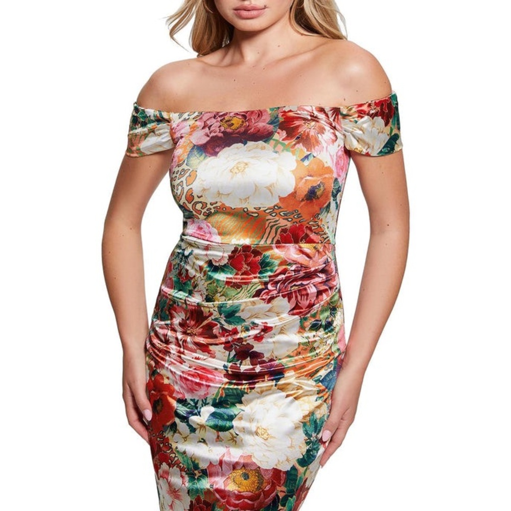 Guess Red and Green Ruched Off-Shoulder Bodycon Dress